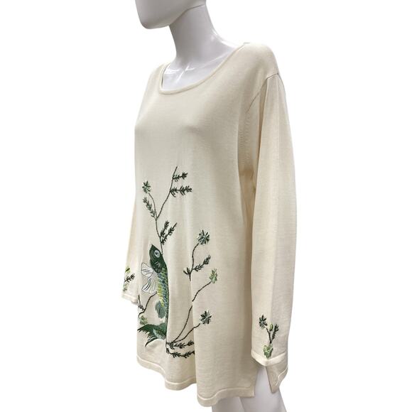 Storybook Knits Sweater Women SZ 2X Knit Embroidery Beads Fish Motif Ivory&Green - Picture 2 of 5